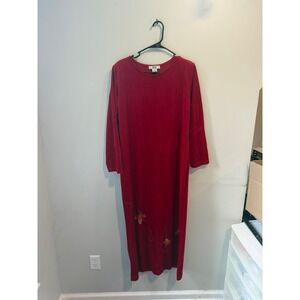 Vintage Obe Womens Red Velvet Long Sleeve Leaf Embroidered Maxi Dress Medium USA